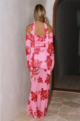 Bloom Reverie Mesh Off Shoulder Long Sleeve Maxi Dress Pink