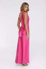 Romantic Tales Satin One Shoulder Maxi Dress Hot Pink