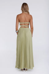 Sassy Sunshine Satin Pleated Strapless Maxi Dress Green