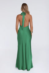 Cherry Whirl Satin Halter Maxi Dress Emerald
