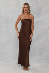 The Felicity Strapless Satin Maxi Dress Chocolate Brown