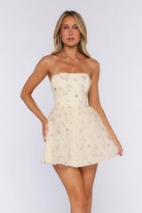 Floral Shimmer Strapless Mini Dress Yellow