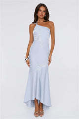 Jelly Glow One Shoulder Satin Maxi Dress Blue