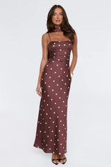 Bloom Star Polka Dot Satin Strapless Maxi Dress Brown