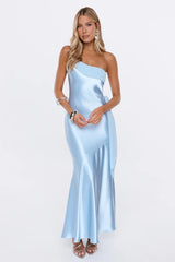 Fashion Story One Shoulder Satin Maxi Dress Blue