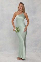 The Evangeline One Shoulder Satin Maxi Dress Sage Green