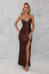The Sophia Satin Maxi Dress Chocolate Brown