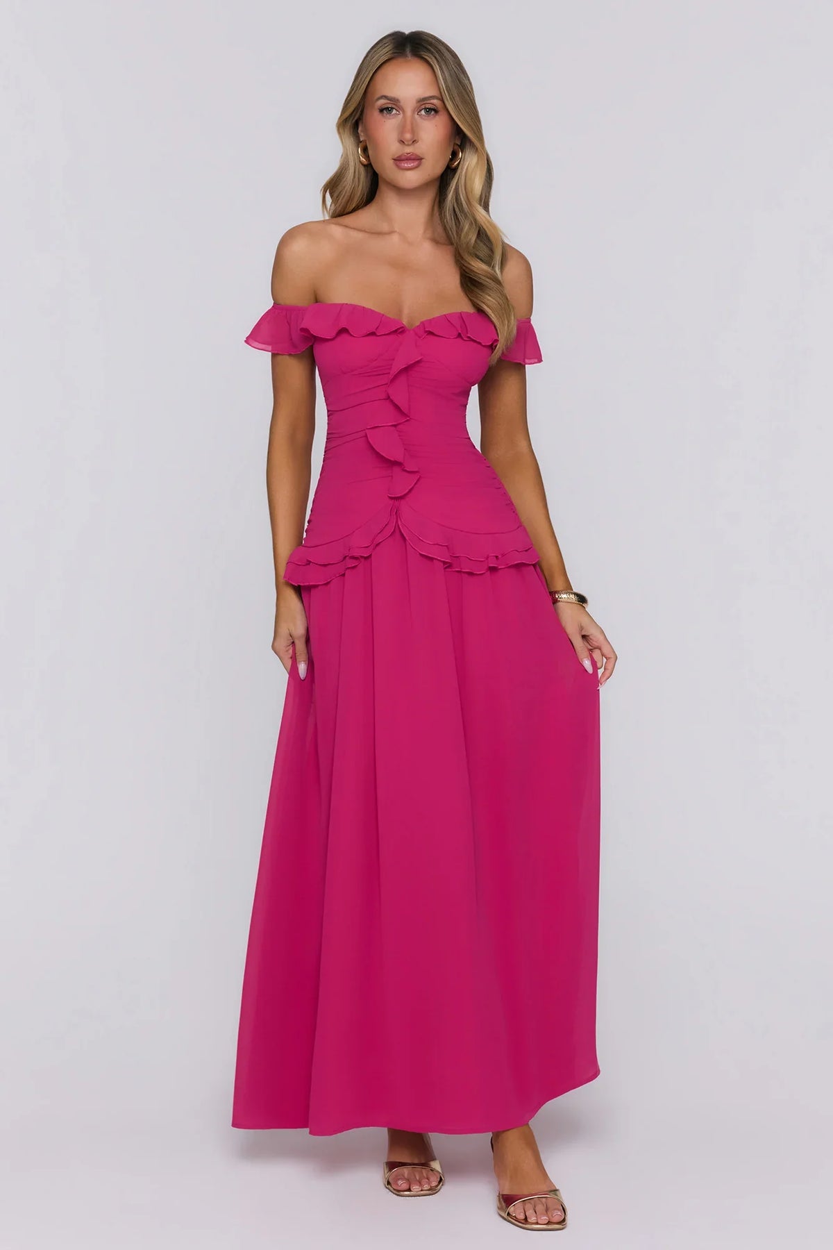 Dewy Glow Off Shoulder Maxi Dress Magenta