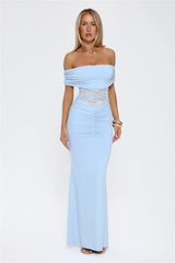 Delicate Glow Lace Off Shoulder Maxi Dress Blue