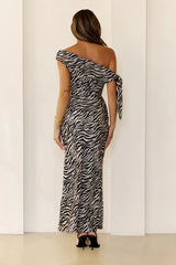 Wild Energy Zebra Knot Off Shoulder Maxi Dress Black