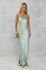 The Evangeline One Shoulder Satin Maxi Dress Sage Green