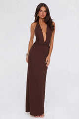 Whispered Star Energy Halter Maxi Dress Chocolate