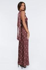 Bloom Star Polka Dot Satin Strapless Maxi Dress Brown