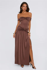 Under Your Charm Off Shoulder Maxi Dress Brown