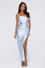 Social Diary Off Shoulder Satin Maxi Dress Blue