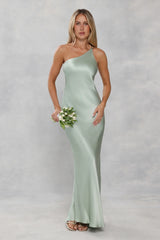 The Evangeline One Shoulder Satin Maxi Dress Sage Green