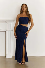 Dusky Luxe Lace Strapless Maxi Dress Navy