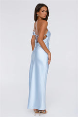 Social Diary Off Shoulder Satin Maxi Dress Blue