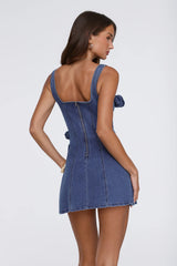 DNM Floral Applique Denim Mini Dress Mid Blue