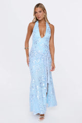 Electric Nights Halter Maxi Dress Blue