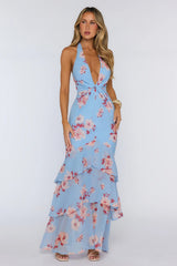 Floral Halter Twist Detail Tiered Maxi Dress Blue