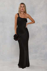 The Zafira One Shoulder Satin Maxi Dress Black