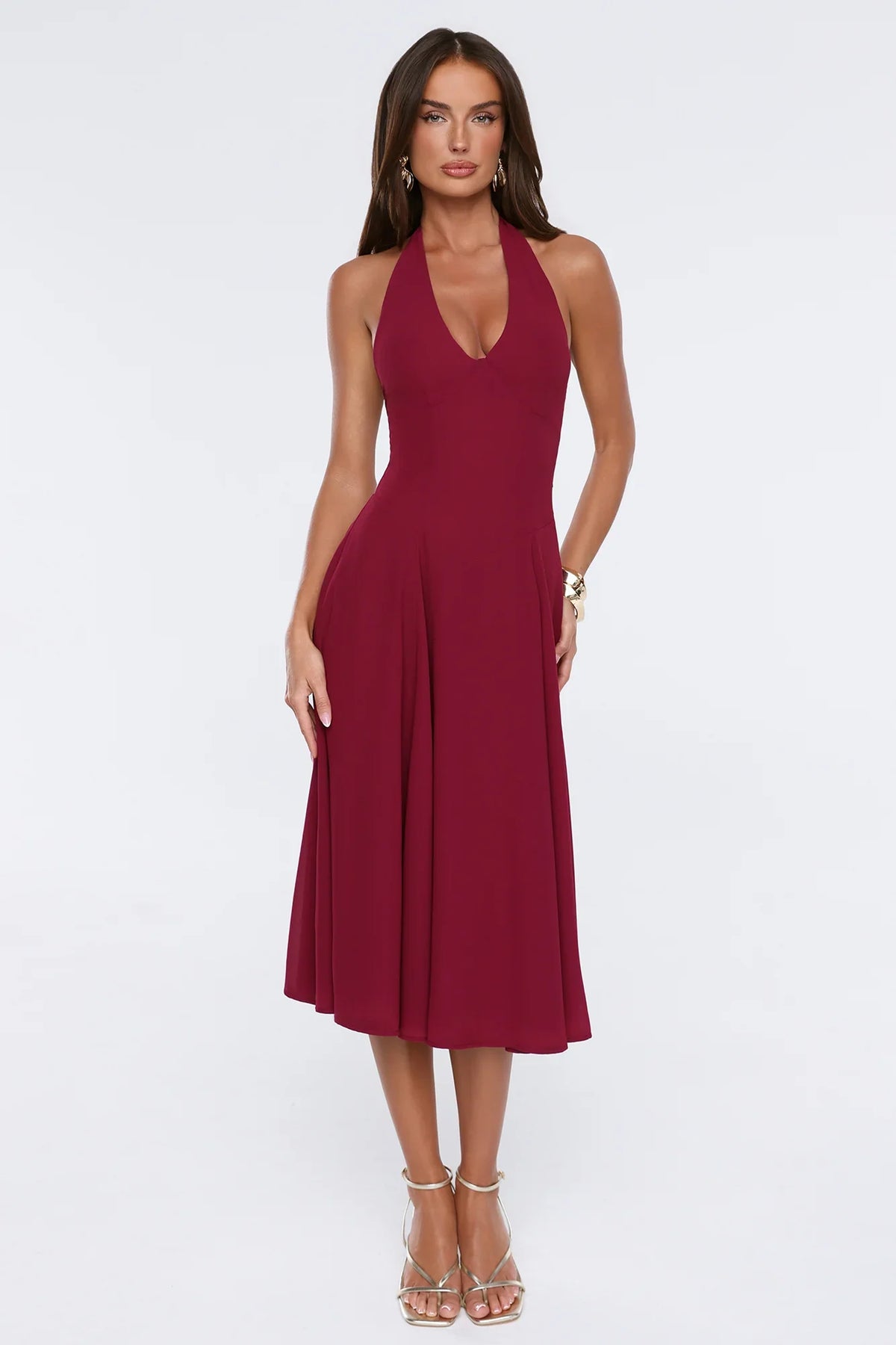 Luxe Femininity Halter Midi Dress Wine
