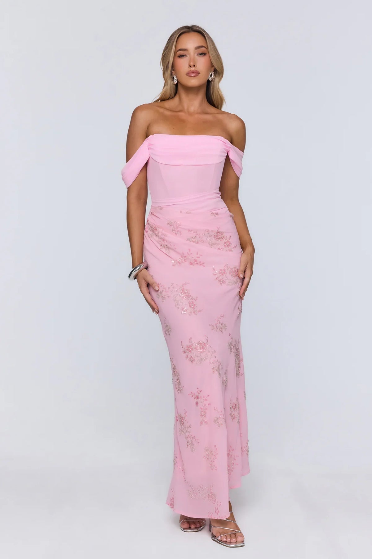 Pretty Glow Up Off Shoulder Maxi Dress Pink