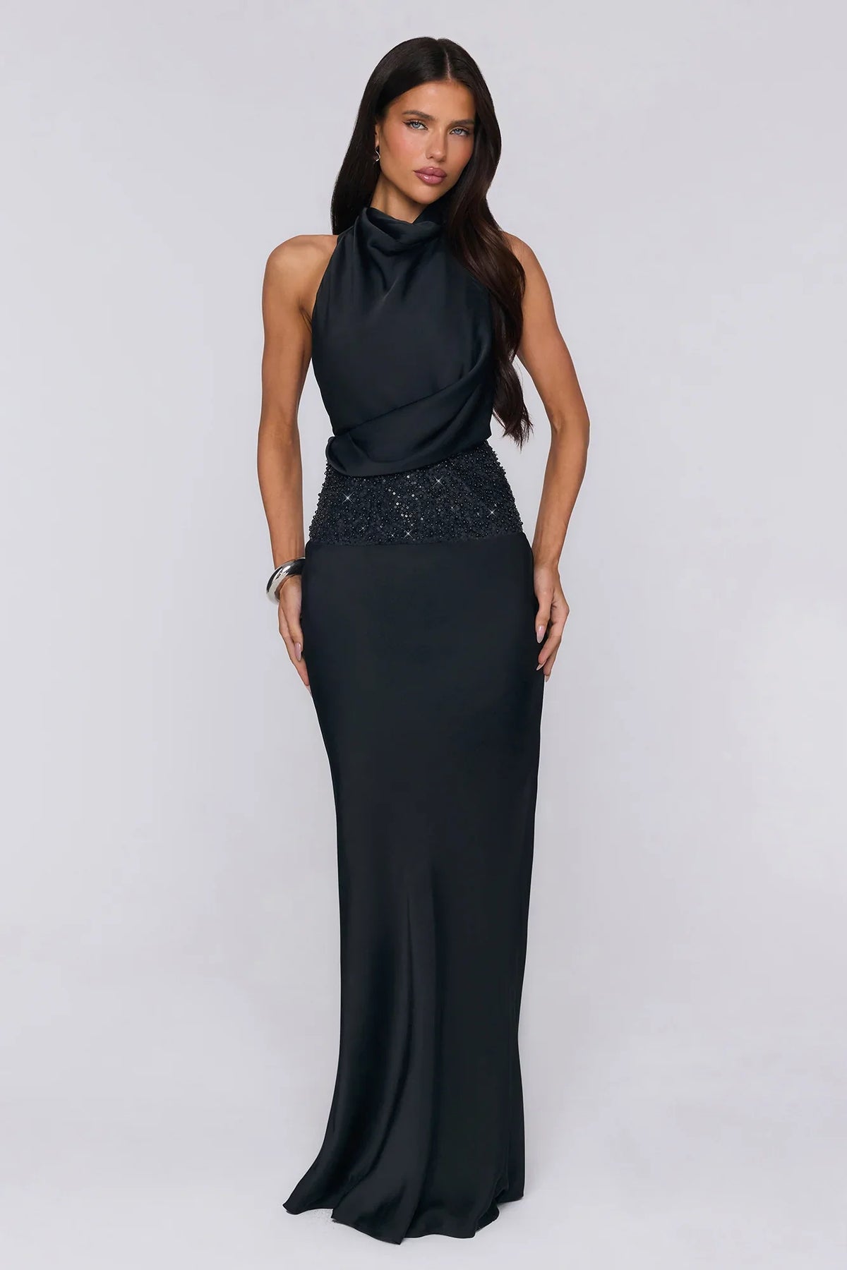 Gossip And Glitter Halter Satin Maxi Dress Black