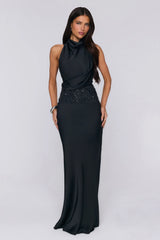 Gossip And Glitter Halter Satin Maxi Dress Black