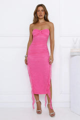 Top Tier Lace Strapless Frill Midi Dress Pink