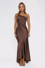 Romantic Affair Satin One Shoulder Maxi Dress Brown