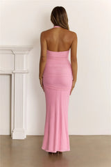 Sultry Ruched Halter Maxi Dress Pink