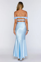 Falling Soft Satin Off Shoulder Maxi Dress Blue