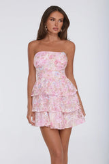Sweetest Soul Floral Lace Tiered Strapless Mini Dress Pink