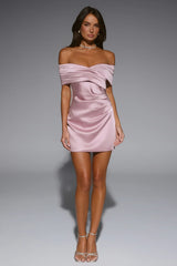 Fancy Night Out Off Shoulder Satin Mini Dress Rose