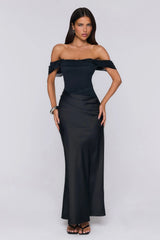 Evening Muse Off Shoulder Mesh Maxi Dress Black