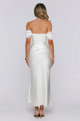 Love Looks Good Lace Satin Off Shoulder Maxi Dress White