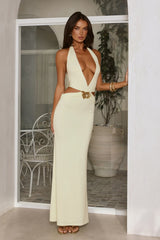 Elegant Aura Halter Maxi Dress Citrus Yellow