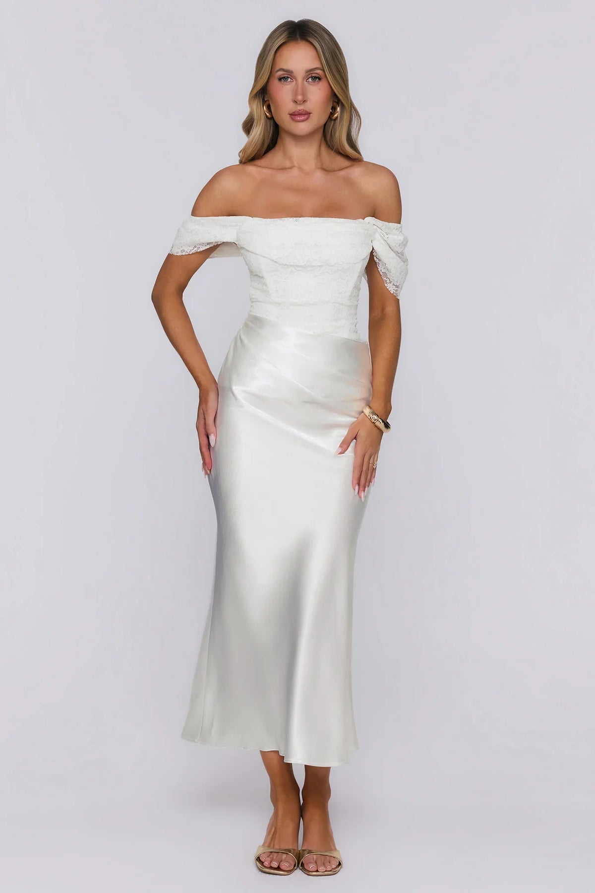 Love Looks Good Lace Satin Off Shoulder Maxi Dress White